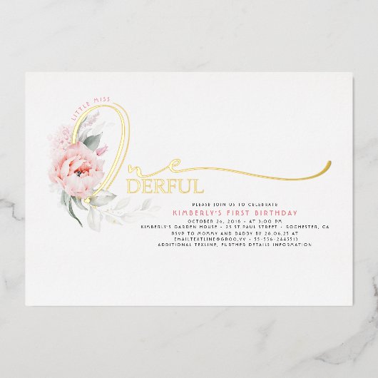 スクリプエレガントトピンクフローラ1stベビーガールズ誕生日 箔招待状 (正面)