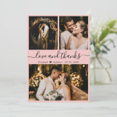 スクリプエレガントトピンク3フォトコラージュ結婚ズ サンキューカード (スタンド正面)