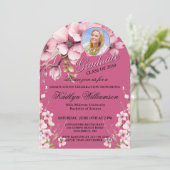 スクリプエレガントトフォトピンク卒業パーティーアーチ 招待状 (スタンド正面)