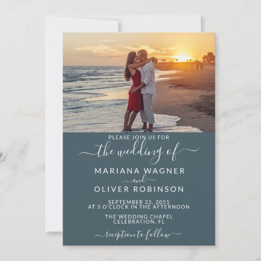 スクリプエレガントトフォトボホブルー結婚式招待状 招待状 (正面)