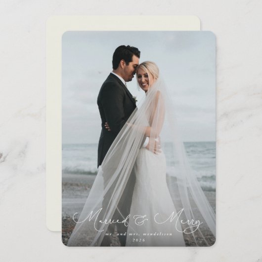 スクリプエレガントトフォント結婚した+メリー写真 シーズンカード (正面/裏面)