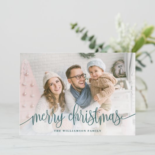 スクリプエレガントトフルフォトメリークリスマスティール（緑がかった色） シーズンカード (スタンド正面)