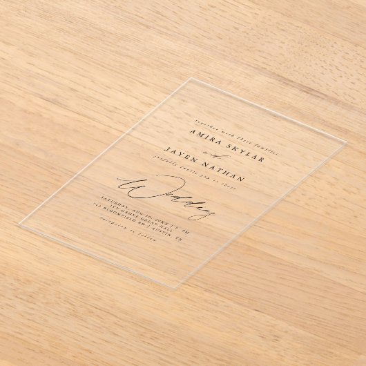 スクリプエレガントトブラックボホミニマル結婚リスト アクリル招待状 (レイダウン)