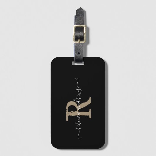 スクリプエレガントトブラックモノグラム名ホリディトラベル ラゲッジタグ (正面縦)