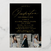 スクリプエレガントトブラック3写真卒業パーティー 箔招待状 (正面)