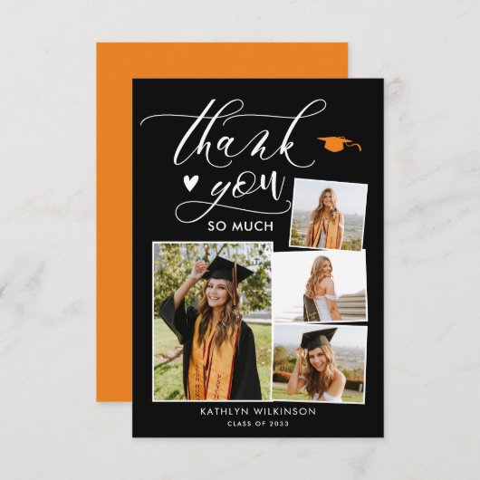 スクリプエレガントトブラック4写真卒業ありがとう 招待状 (正面/裏面)