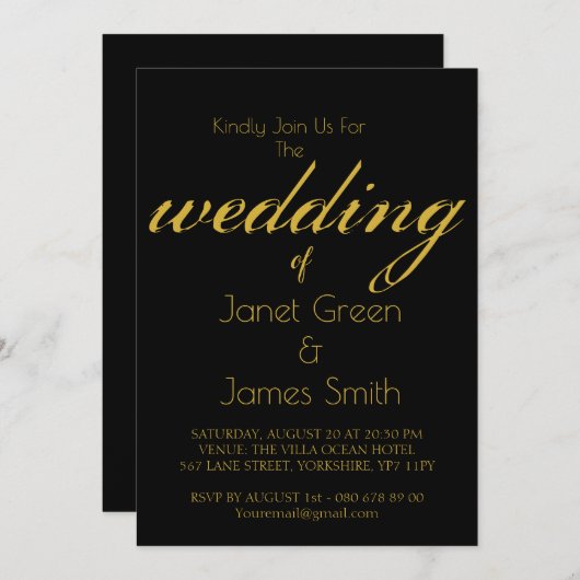 スクリプエレガントトブラック&金ゴールド招待状 招待状 (正面/裏面)