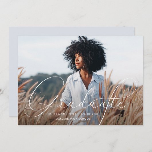 スクリプエレガントトブルーグレー写真卒業パーティー 招待状 (正面/裏面)