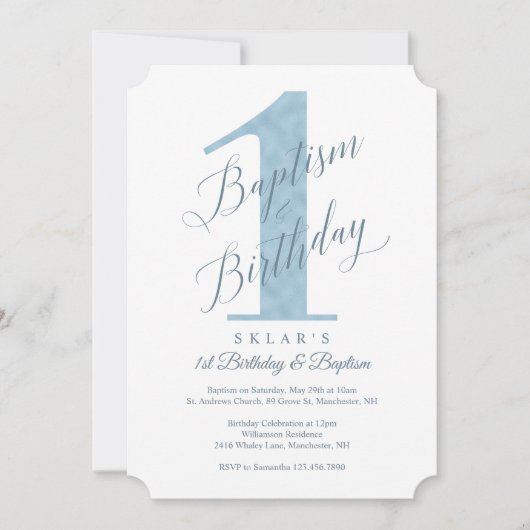 スクリプエレガントトブルーベビーの誕生日とバプテスマ 招待状 (正面)
