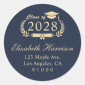 スクリプエレガントトブルー金ゴールド卒業差出人住所 ラウンドシール (正面)