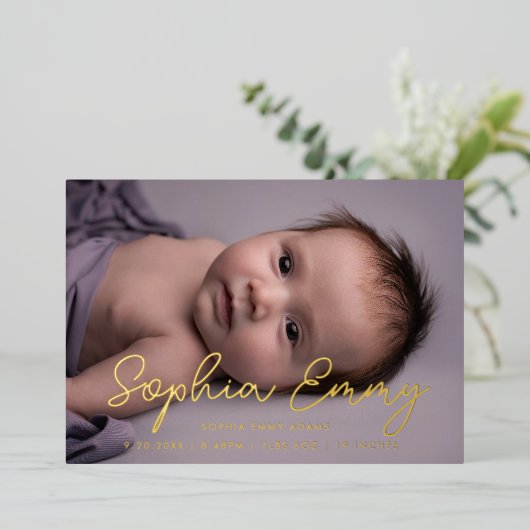 スクリプエレガントトベビーサンキューカードと発表 箔招待状 (立ち正面)