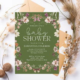 スクリプエレガントトモスグリーンワイルドフラワーベビーシャワー 招待状