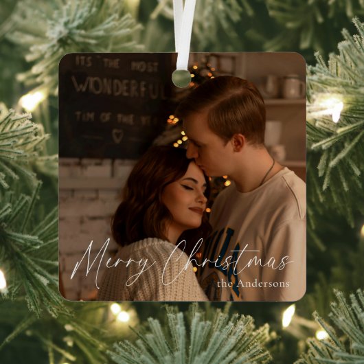 スクリプエレガントトモダンカップル写真メリークリスマス メタルオーナメント (インサイチュ)