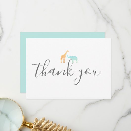 スクリプエレガントトモダンキリン象の赤ちゃんシャワー サンキューカード (正面/裏面インサイチュ)