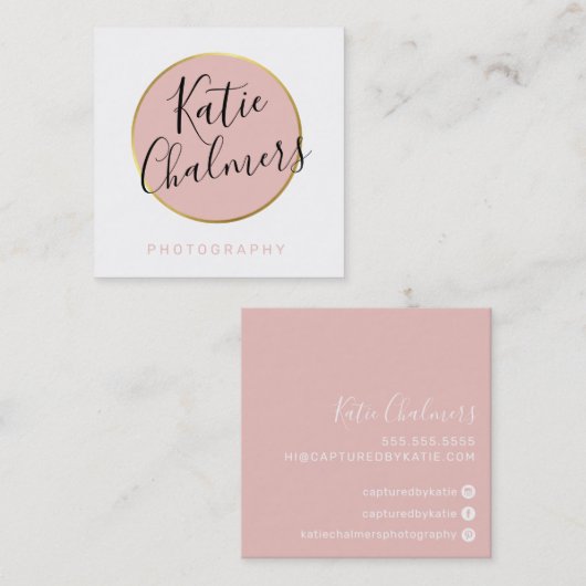 スクリプエレガントトモダンシックかわいらし金ゴールド赤面ピンク スクエア名刺 (正面/裏面)