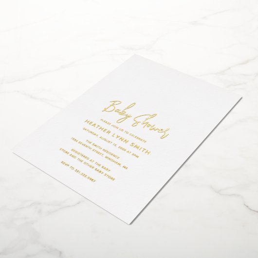 スクリプエレガントトモダンミニマル赤ちゃんシャワー金ゴールド 箔招待状 (回転した状態)