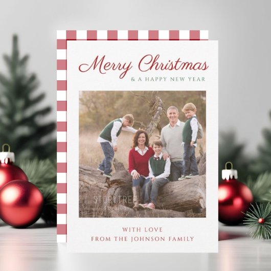スクリプエレガントトモダンレッドプレイドクリスマスフォト シーズンカード