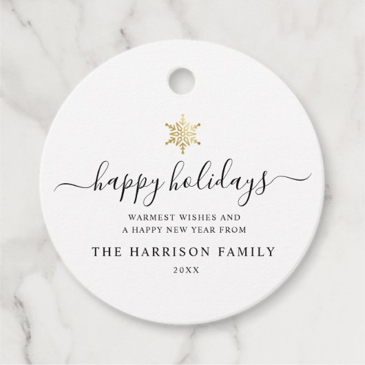 スクリプエレガントトモダン金ゴールドスノーフレークホリデー フェイバータグ (正面)