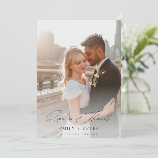 スクリプエレガントトモダン2枚の写真結婚の サンキューカード (スタンド正面)