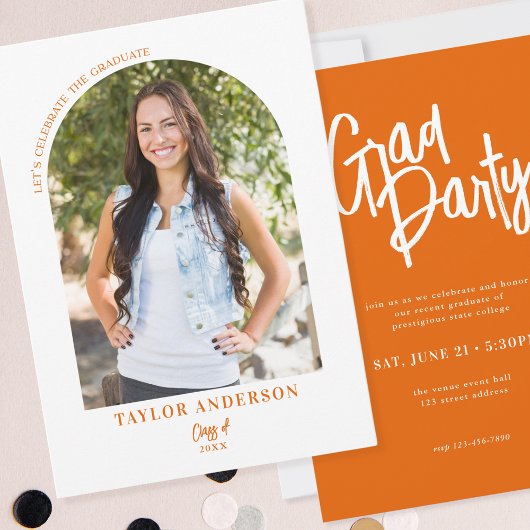 スクリプエレガントトモダンArchフォトオレンジのグラードパーティー 招待状