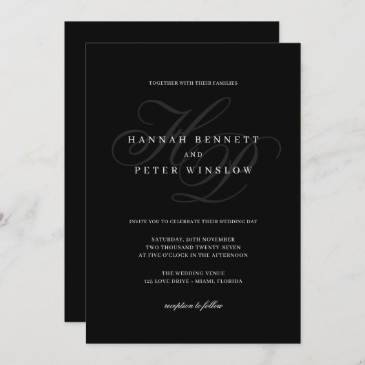 スクリプエレガントトモノグラムイニシャルブラック結婚ズ 招待状 (正面/裏面)