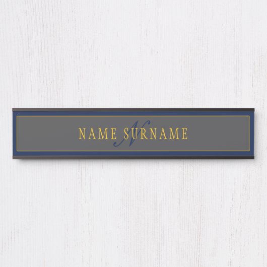 スクリプエレガントトモノグラムダークネイビーブルーグレー&金ゴールド サインプレート (正面)