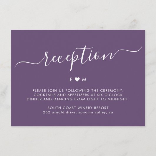 スクリプエレガントトモノグラムパープルウェディングレセプション エンクロージャーカード (正面)