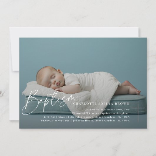 スクリプエレガントト乳児写真カトリック洗礼 招待状 (正面)