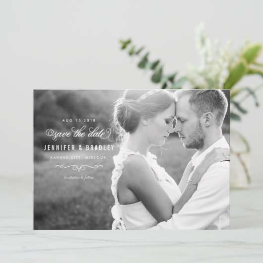 スクリプエレガントト写真の日付の保存 – 白 セーブザデート (スタンド正面)