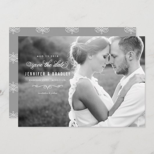 スクリプエレガントト写真の日付の保存 – 白 セーブザデート (正面/裏面)