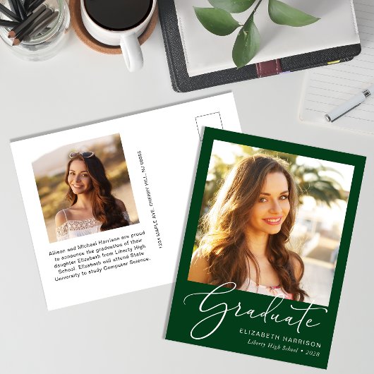 スクリプエレガントト写真の緑の卒業 案内ポストカード