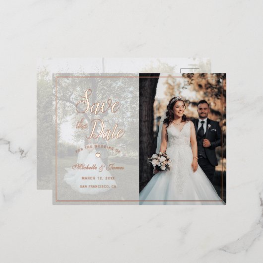 スクリプエレガントト写真ウェディング日付の保存 箔招待状ポストカード (正面/裏面)