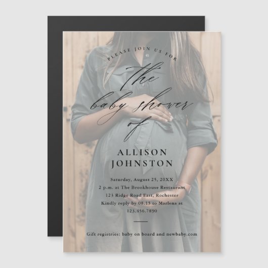 スクリプエレガントト写真オーバーレイ赤ちゃんシャワー マグネット招待状 (正面/裏面)