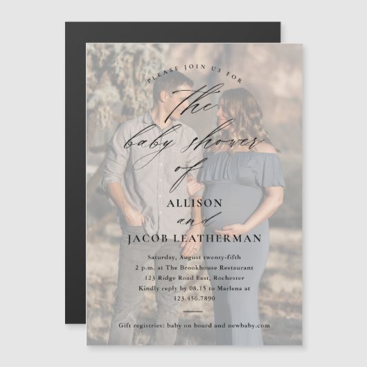 スクリプエレガントト写真オーバーレイ赤ちゃんシャワー マグネット招待状 (正面/裏面)