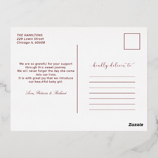 スクリプエレガントト写真クリスマス誕生発表 箔シーズンポストカード (裏面)