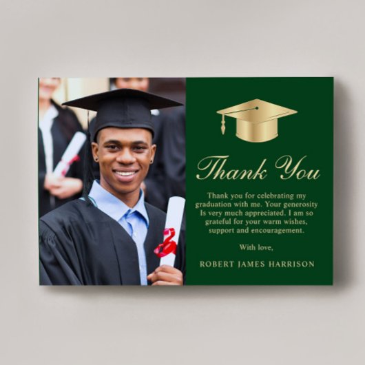 スクリプエレガントト写真グリーン金ゴールド卒業 サンキューカード