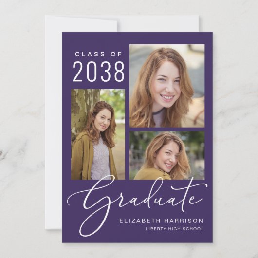スクリプエレガントト写真コラージュ紫の卒業 案内状 (正面)