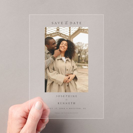 スクリプエレガントト写真ミニマルウェディング日付の保存 アクリル招待状