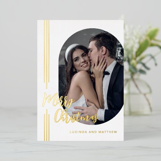 スクリプエレガントト写真ミニマルメリークリスマス 箔シーズンカード (立ち正面)