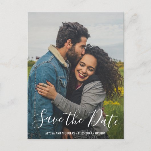 スクリプエレガントト写真モダンウェディング日付の保存 案内ポストカード (正面)