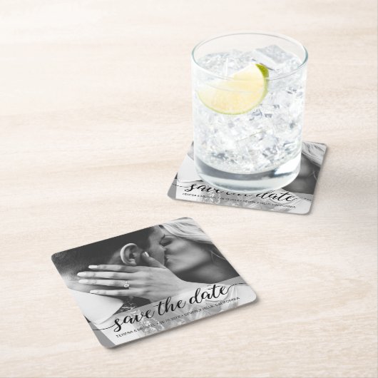 スクリプエレガントト写真婚約投稿の日付を保存 スクエアペーパーコースター (インサイチュ)