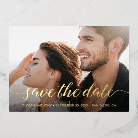 スクリプエレガントト婚約写真の日付を保存 箔シーズンカード (正面)