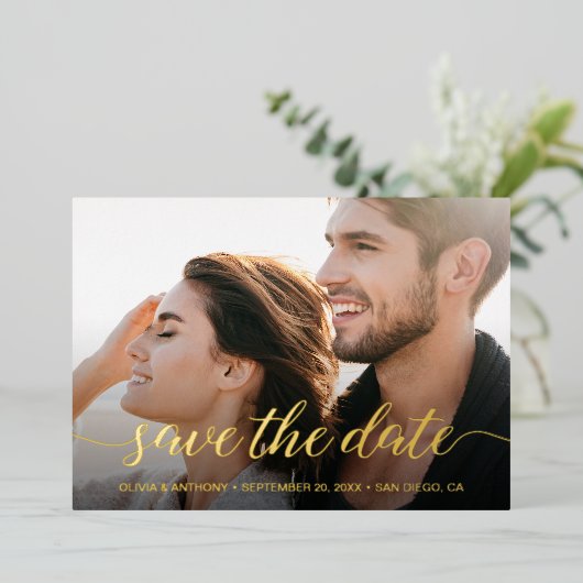 スクリプエレガントト婚約写真の日付を保存 箔シーズンカード (立ち正面)