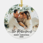 スクリプエレガントト家族名写真メリークリスマス セラミックオーナメント (正面)