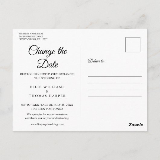 スクリプエレガントト延期された写真の日付の変更 ポストカード (裏面)