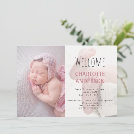 スクリプエレガントト歓迎ベビーガール写真ピンク誕生 案内状 (スタンド正面)