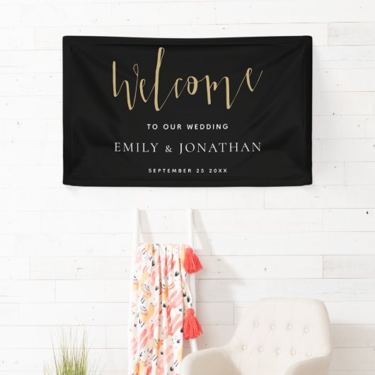 スクリプエレガントト歓迎結婚の金ゴールドブラック 横断幕 (インサイチュ)