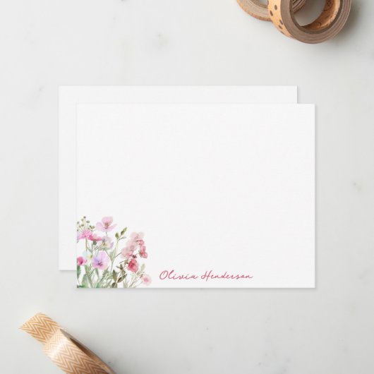 スクリプエレガントト水彩赤面ピンクフローラ ノートカード (正面/裏面インサイチュ)