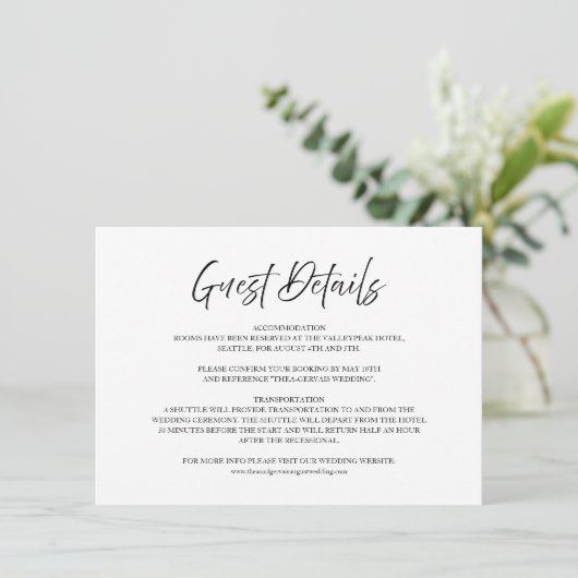 スクリプエレガントト白ミニマル結婚のゲスト詳細 エンクロージャーカード (スタンド正面)