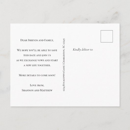 スクリプエレガントト白黒ウェディング日付の保存 案内ポストカード (裏面)